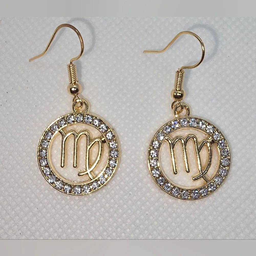 Zodiac Sign Hook Earrings! Hypo-Allergenic Handmade Gold Color with Cubic Zircon
